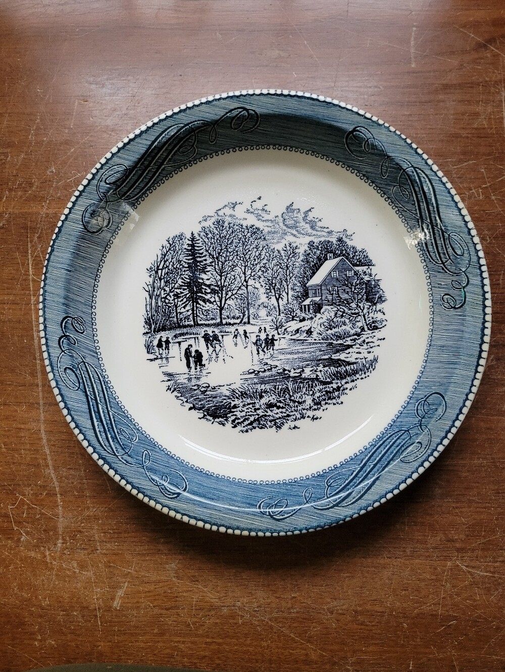 Vtg Royal China Jeannette Currier Ives Blue Early Winter Pie Plate 10" Microwave